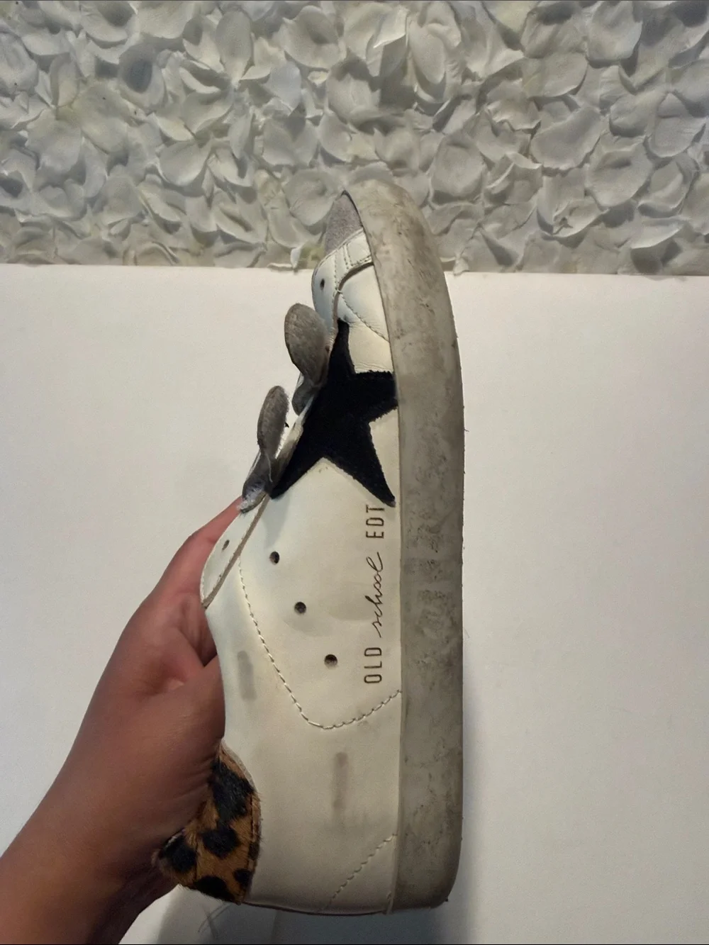Golden Goose White Leather & Gray Suede Velcro Sneakers with Leopard Heel - Picture 4 of 6